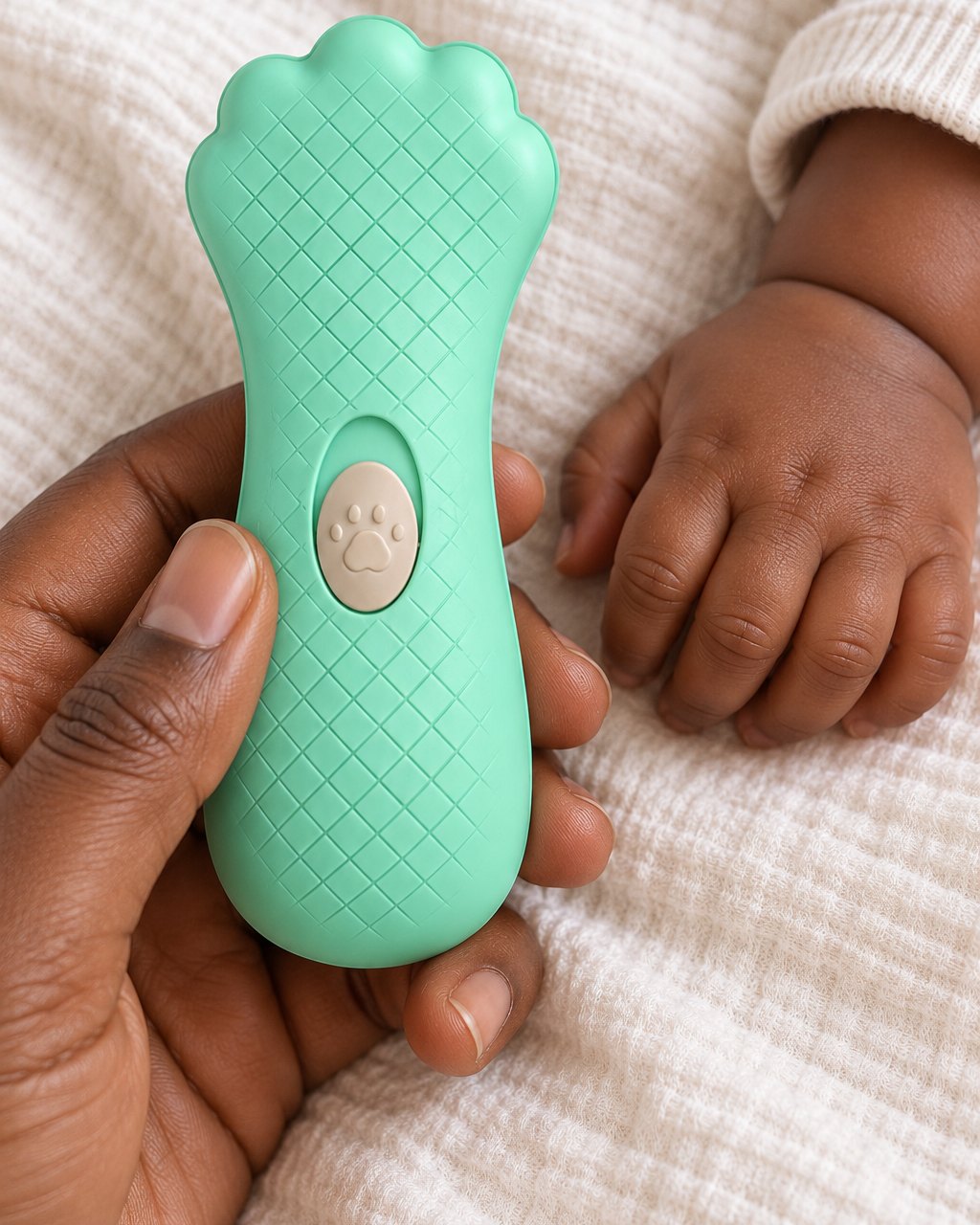 Adult hand holding the palm-sized nail file next to a baby's tiny hand