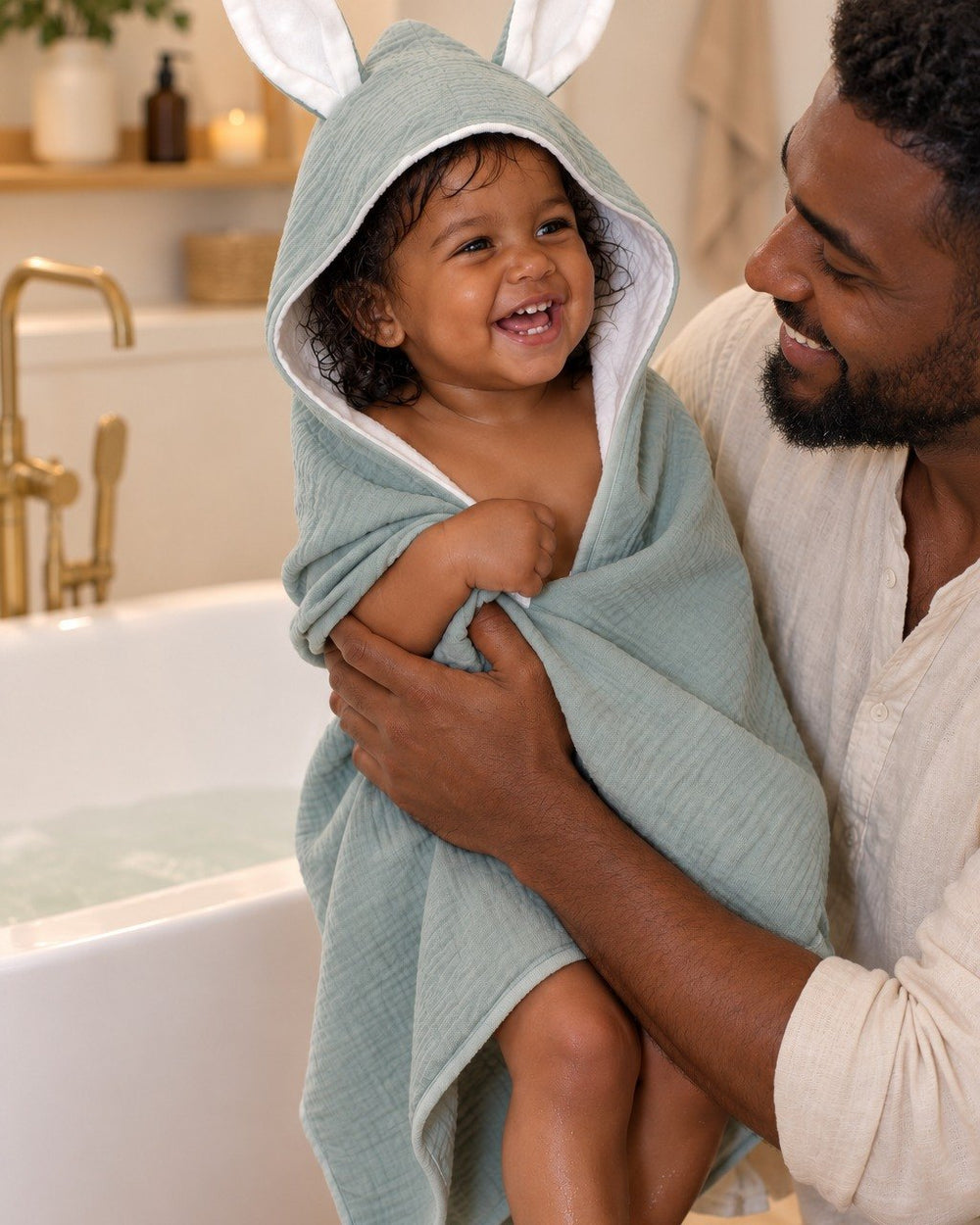 Father lifting his giggling toddler out of the bath into the sage bunny-ear hooded towel