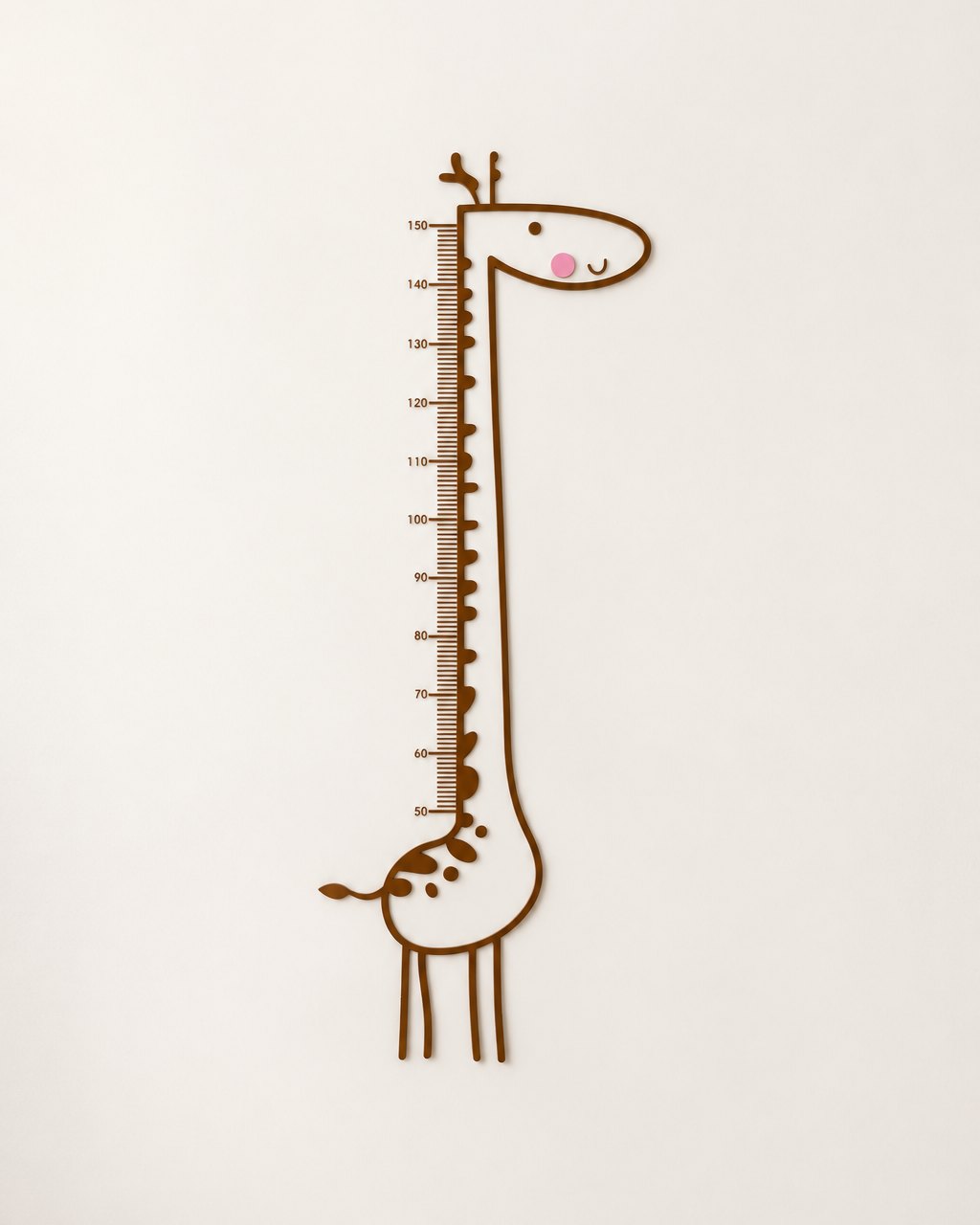 Tall brown line-drawing giraffe decal with a measuring scale up its neck, on a white wall