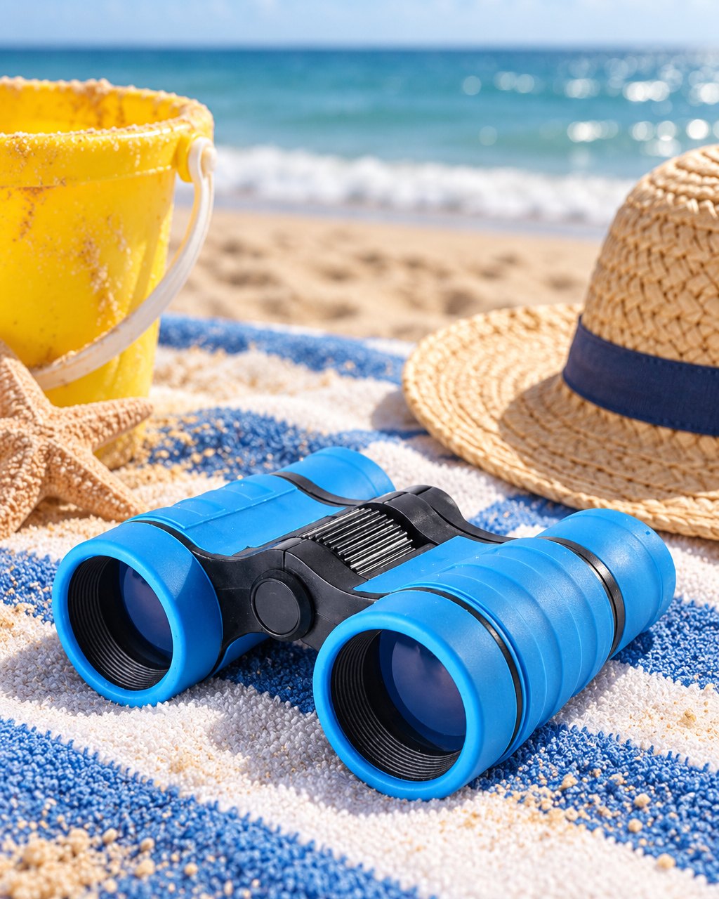 Blue kids' binoculars on a beach towel with a bucket and sun hat