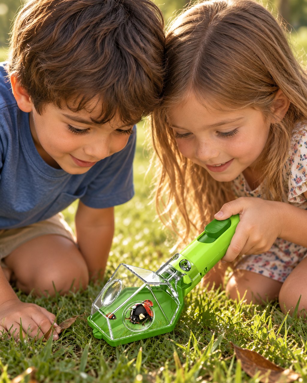 Two kids looking at a beetle inside the catcher's viewing box in a park