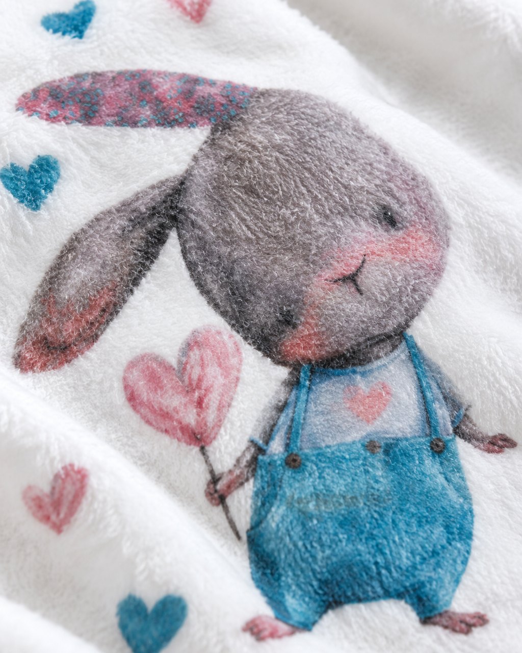Close-up of the watercolour bunny holding a heart balloon on soft flannel