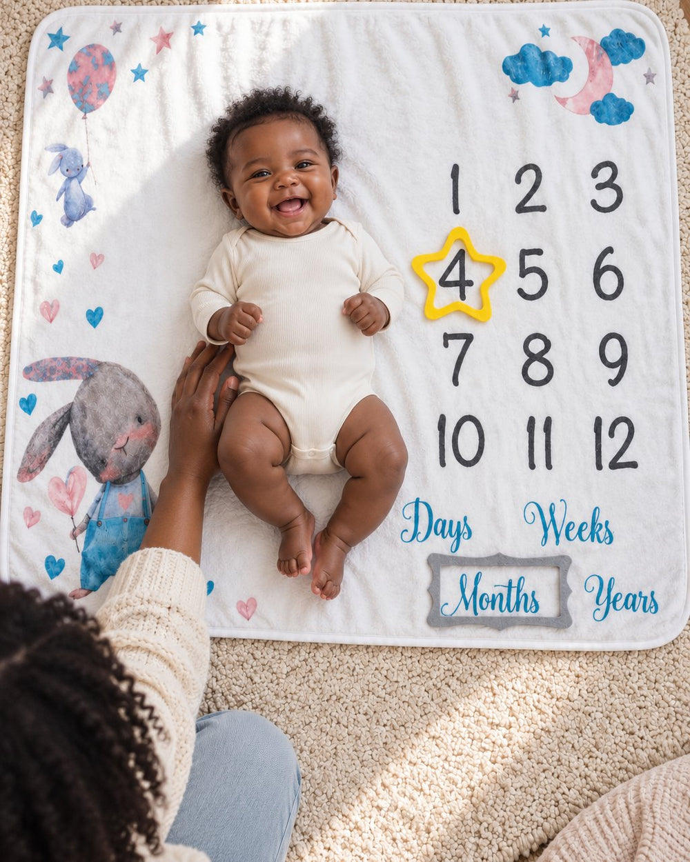Baby lying on the bunny milestone blanket with the yellow felt star round the number 4