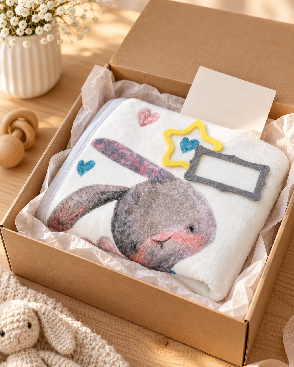 Folded bunny blanket with the felt star and frame in an open gift box