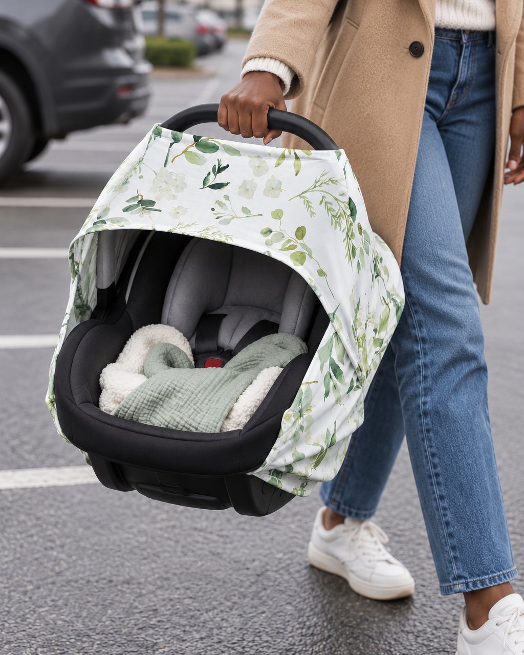 Parent carrying an infant car seat with the leaf-print cover over the canopy and the front left open