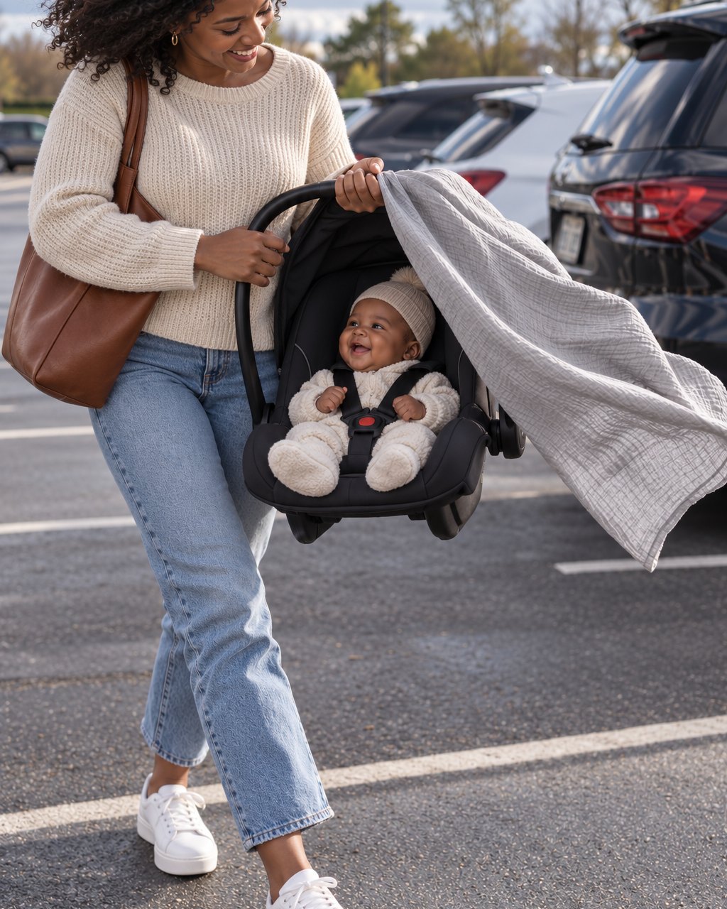 A muslin blanket sliding off a car seat as a parent walks on a windy day