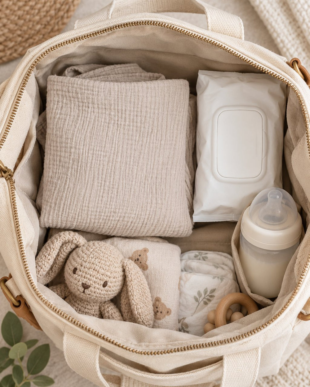Nursing cover folded into a soft square inside an open diaper bag next to wipes and a bottle