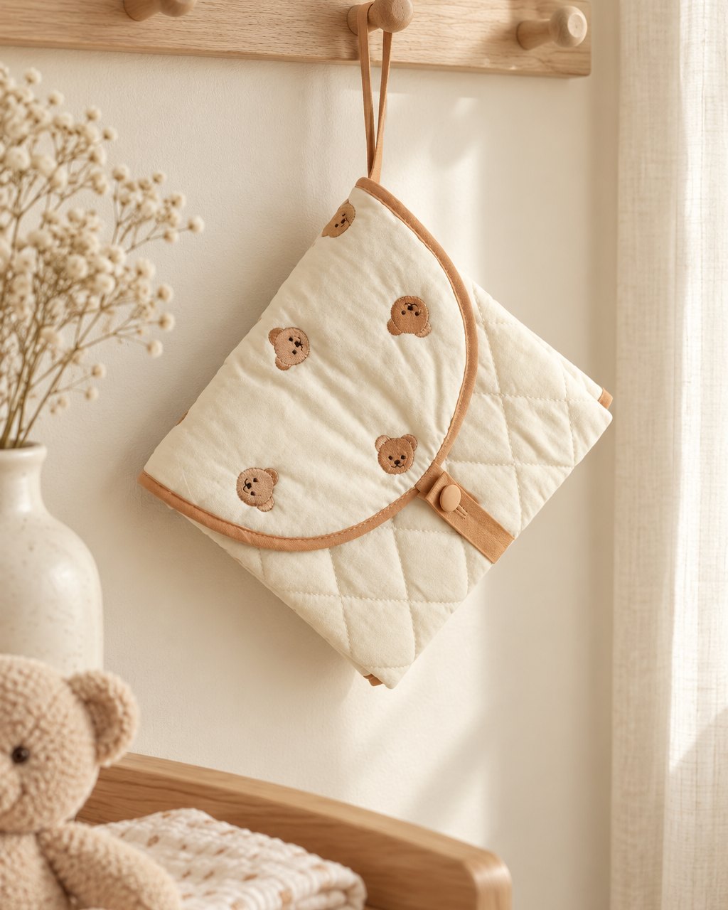 Folded bear changing pad hanging by its strap from a wooden peg rail in a nursery