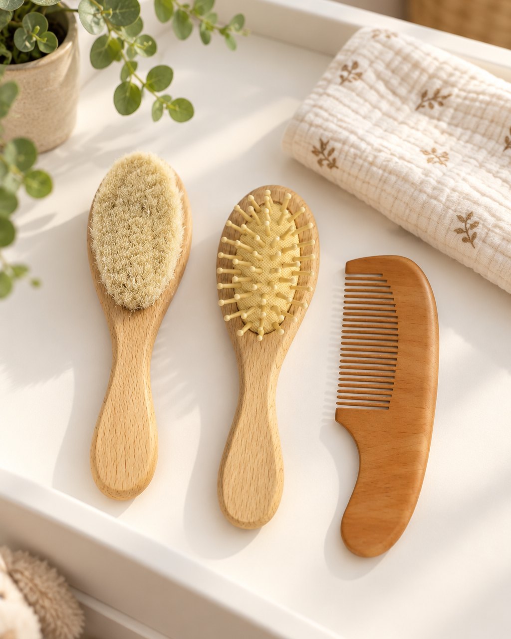 Wooden brush set on a changing table beside a folded towel
