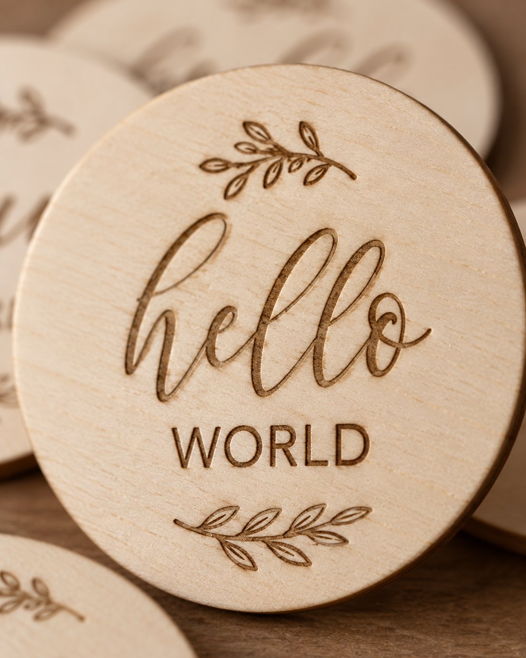 Close-up of the 'hello world' disc with its soft script and wood grain