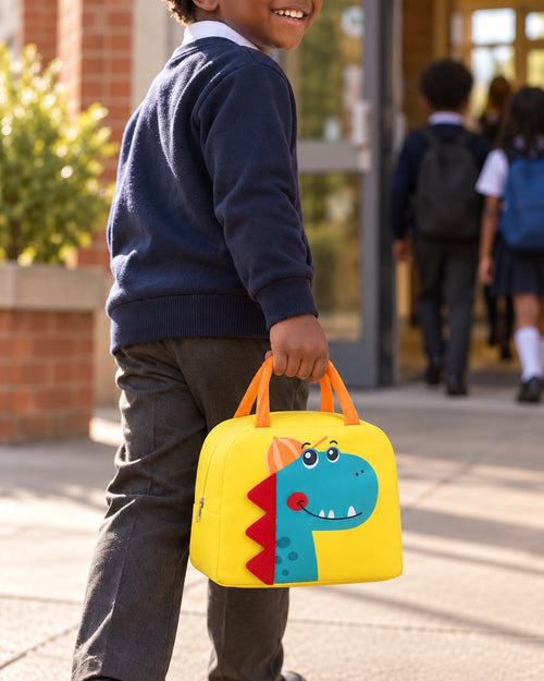 Child carrying the yellow dino lunch bag by its handle toward a school door