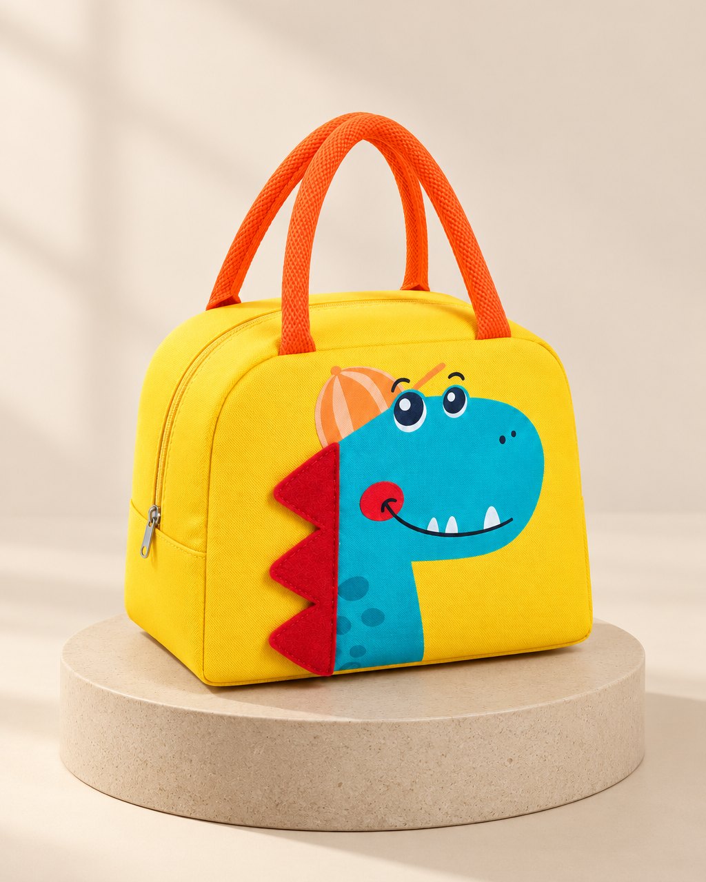 Yellow insulated lunch bag with a padded 3D dinosaur face and a handle