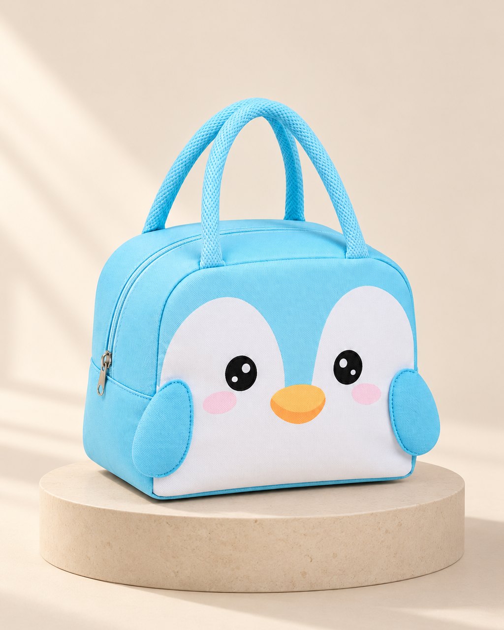 Light blue insulated lunch bag with a padded 3D penguin face