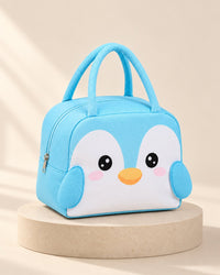 Light blue insulated lunch bag with a padded 3D penguin face
