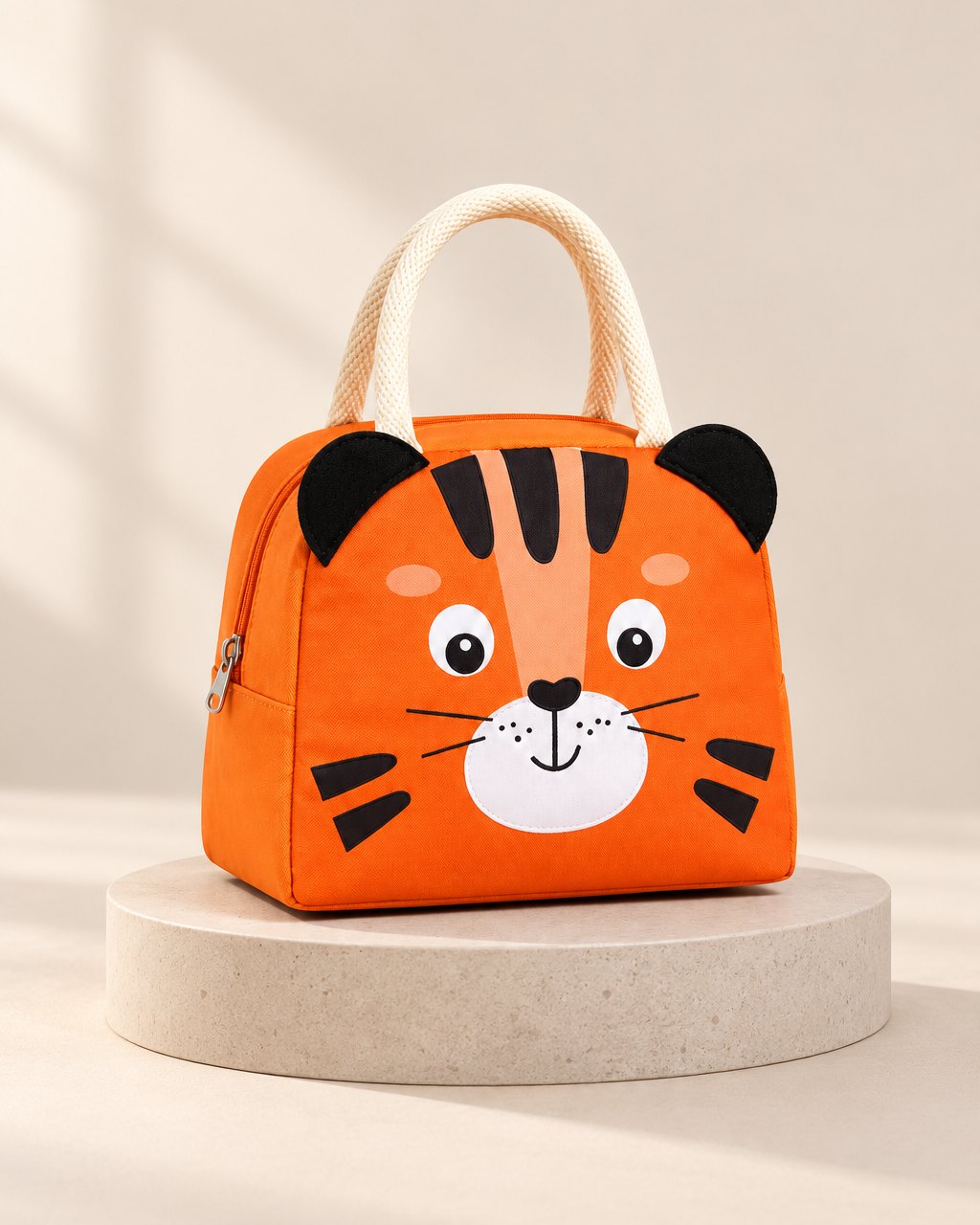 Orange insulated lunch bag with a padded 3D tiger face