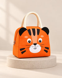 Orange insulated lunch bag with a padded 3D tiger face