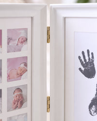 Close-up of the frame's metal hinge and the grid of small monthly photo windows