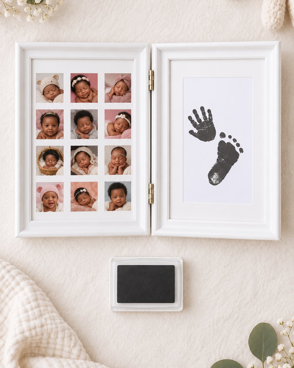Open frame and black ink pad laid out from above on a linen cloth