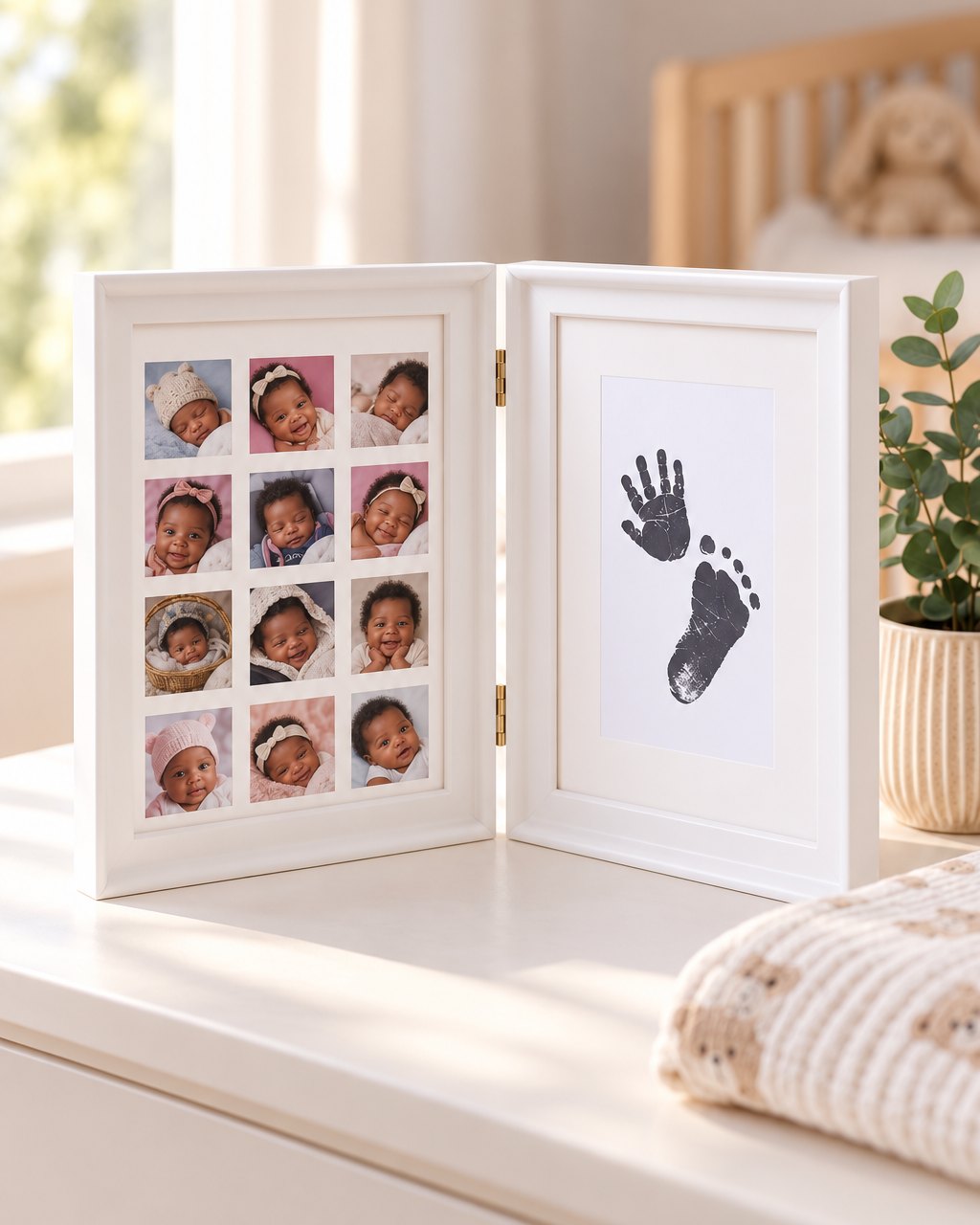 White keepsake frame standing open on a nursery dresser beside a small plant