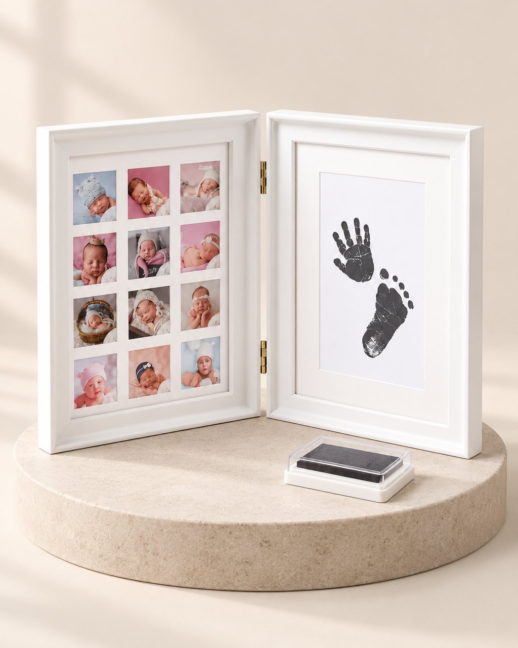 White hinged double frame with a 12-photo grid on the left and a hand and foot print on the right