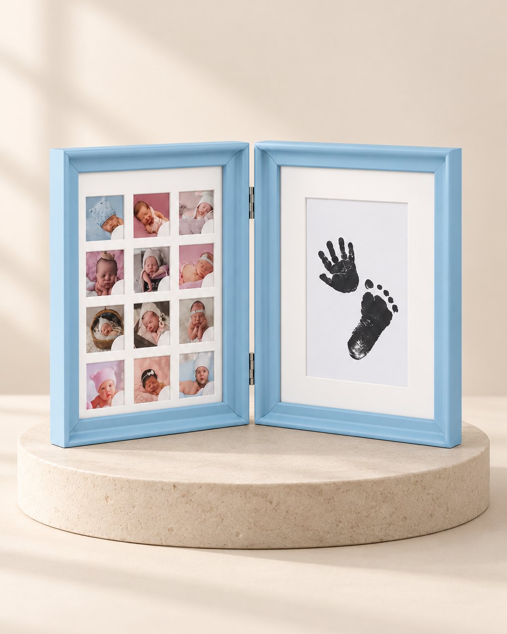 Soft blue hinged double keepsake frame