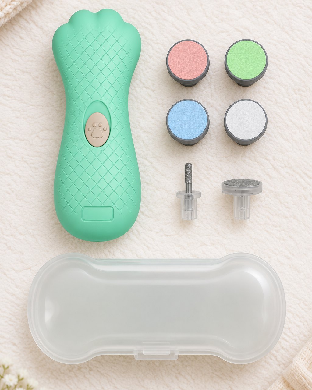 Nail file, clear storage case and set of colourful grinding heads laid out from above