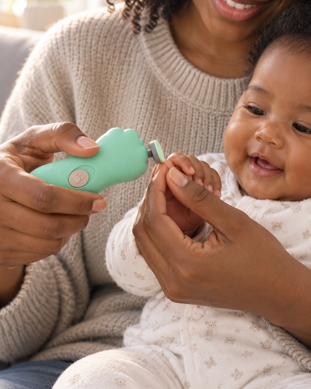 Parent filing a baby's tiny fingernail with the green nail file while the baby rests calmly on her lap