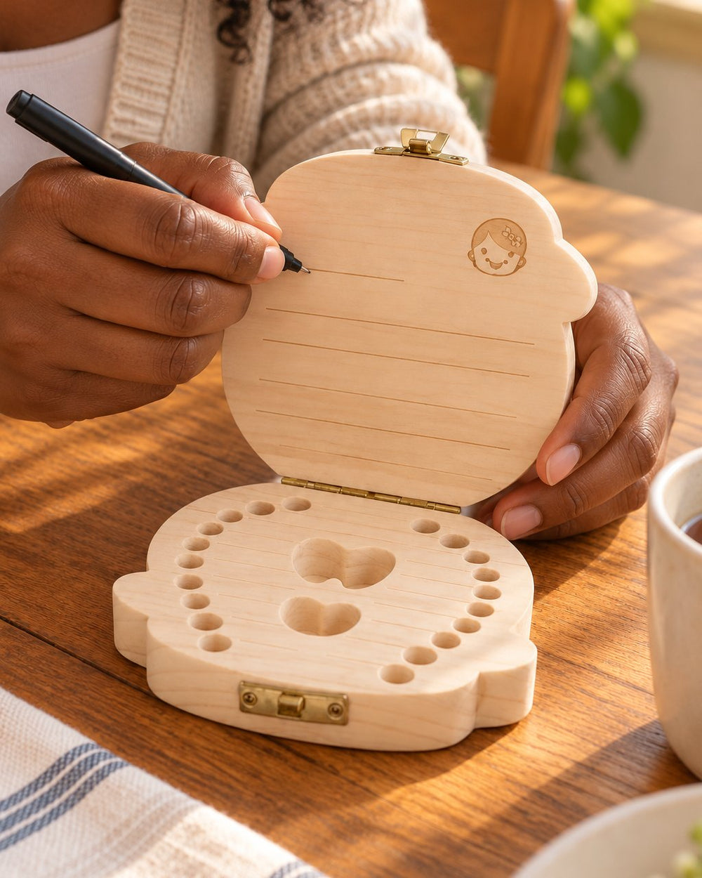 Parent writing a child's name on the engraved profile inside the open wooden lid