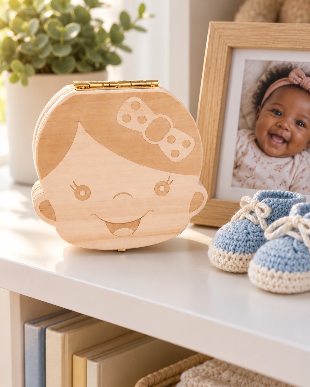 Wooden tooth box on a shelf beside a framed photo and tiny first shoes