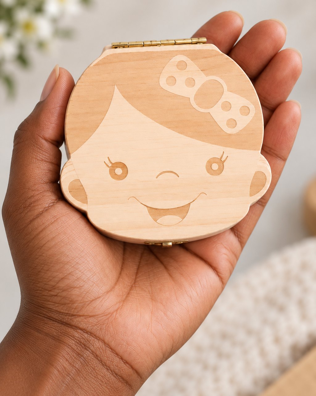 Wooden tooth box held in one hand, about palm-sized