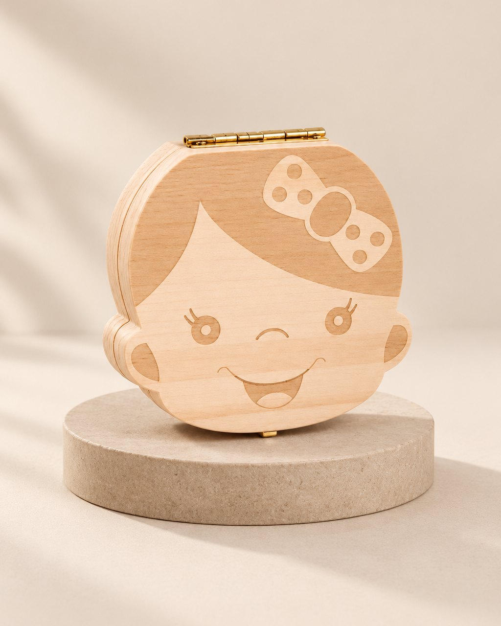 Light wooden tooth box shaped like a smiling girl's face with a bow and a small brass clasp