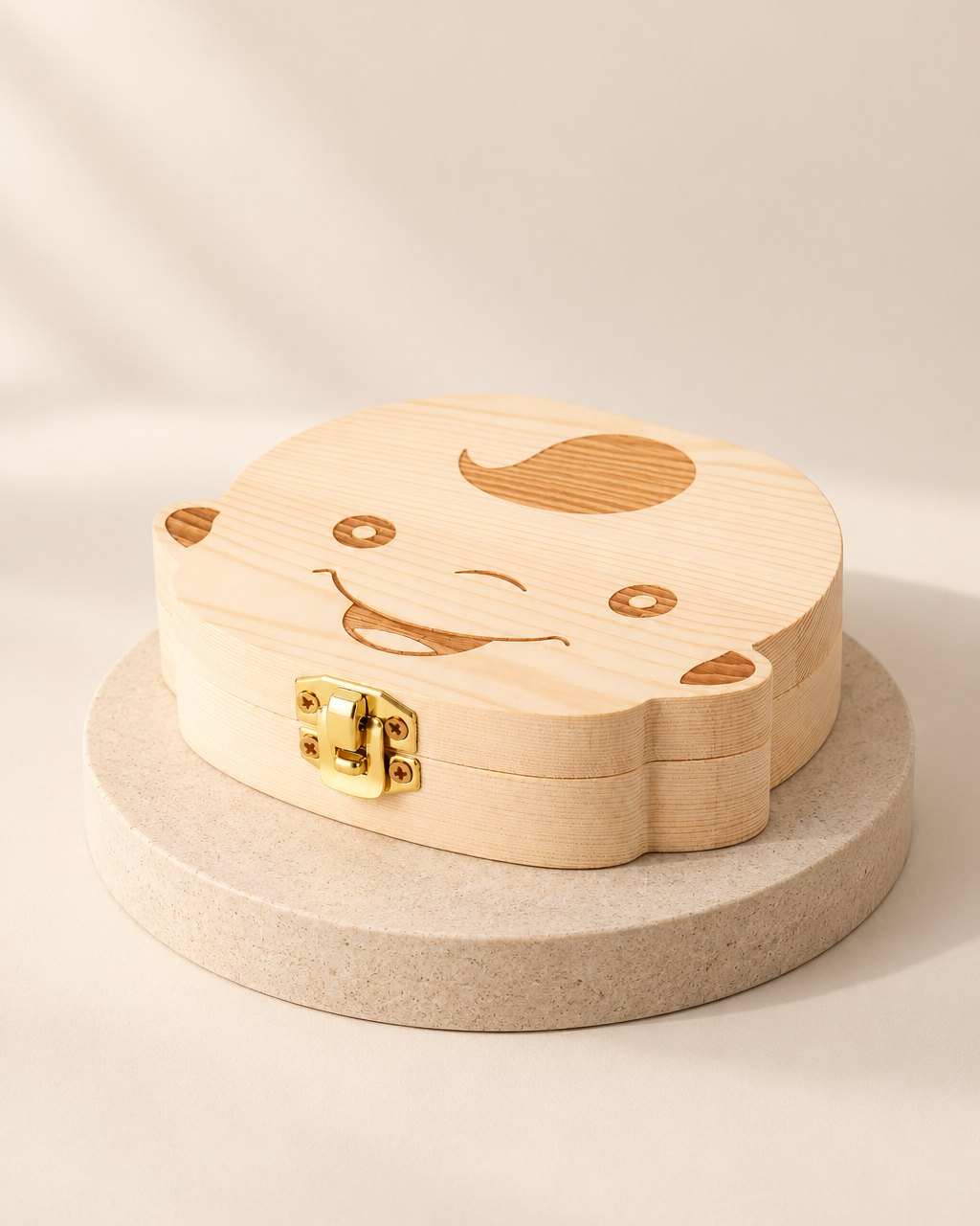 Light wooden tooth box shaped like a smiling boy's face with swept hair
