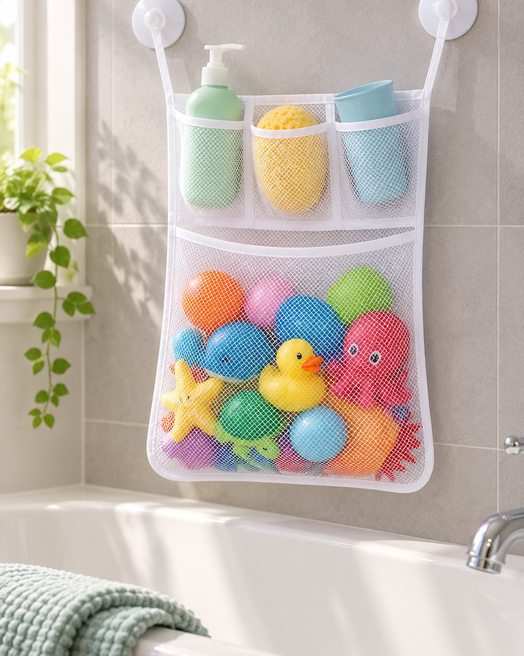 Mesh net full of colourful bath toys above a bathtub, shampoo in the top pockets