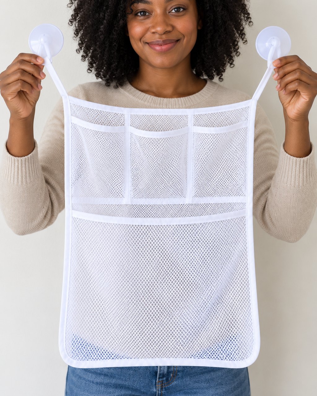 Empty mesh net held up by an adult, about the width of a bath towel folded in half
