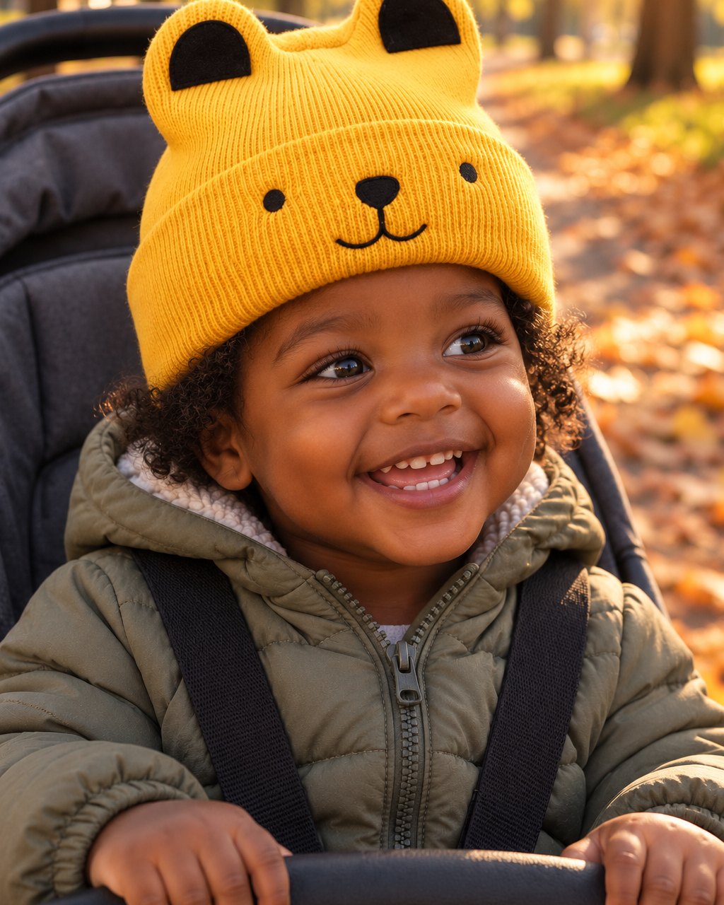 Toddler in a stroller wearing the mustard bear beanie on an autumn path
