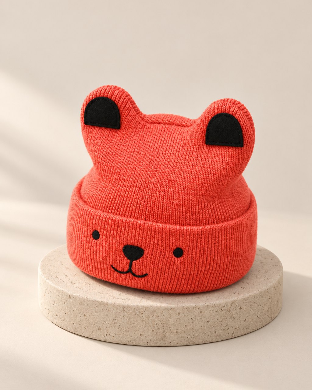 Coral knit bear beanie with dark ears