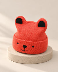 Coral knit bear beanie with dark ears