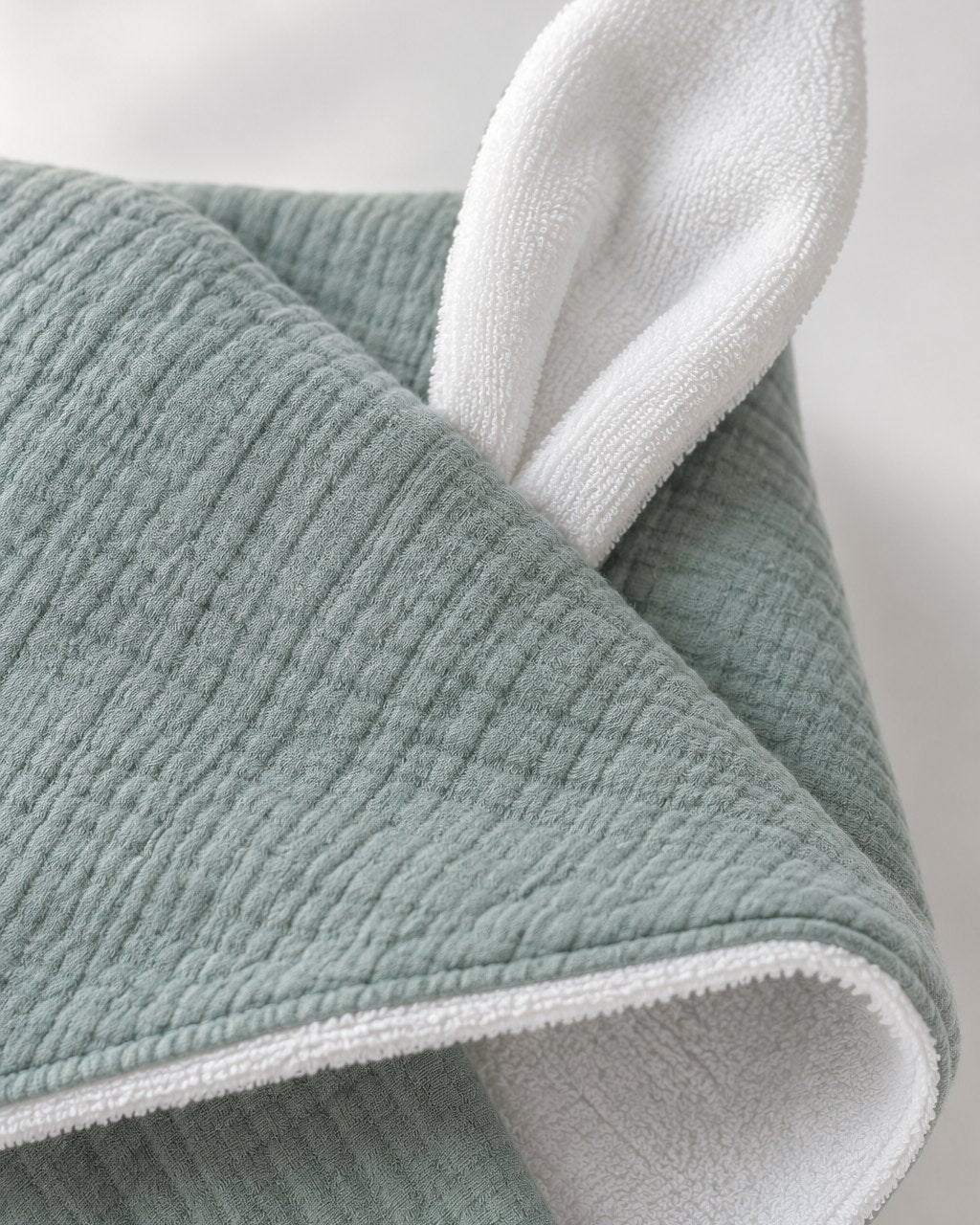 Close-up of the crinkly sage gauze, the white towelling lining and one white bunny ear