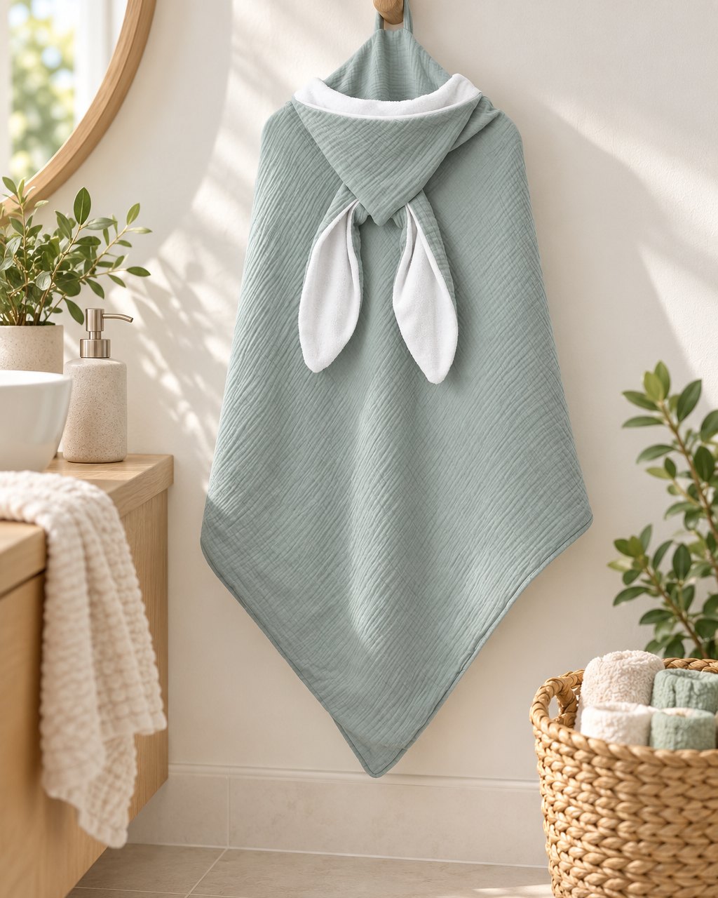 Sage hooded towel hanging by its bunny-ear hood from a wooden peg in a bright bathroom