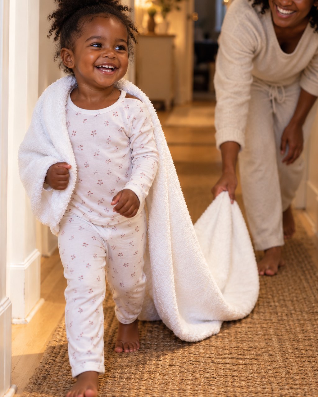A giggling toddler in pyjamas in the hallway, a plain white towel slipping off her shoulders and trailing on the floor