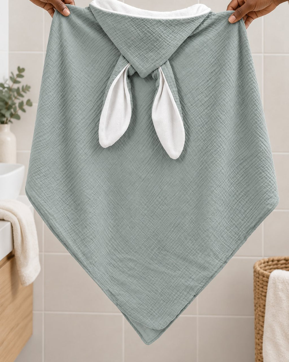 Adult hands holding the hooded towel open by its top corners against a light tiled wall