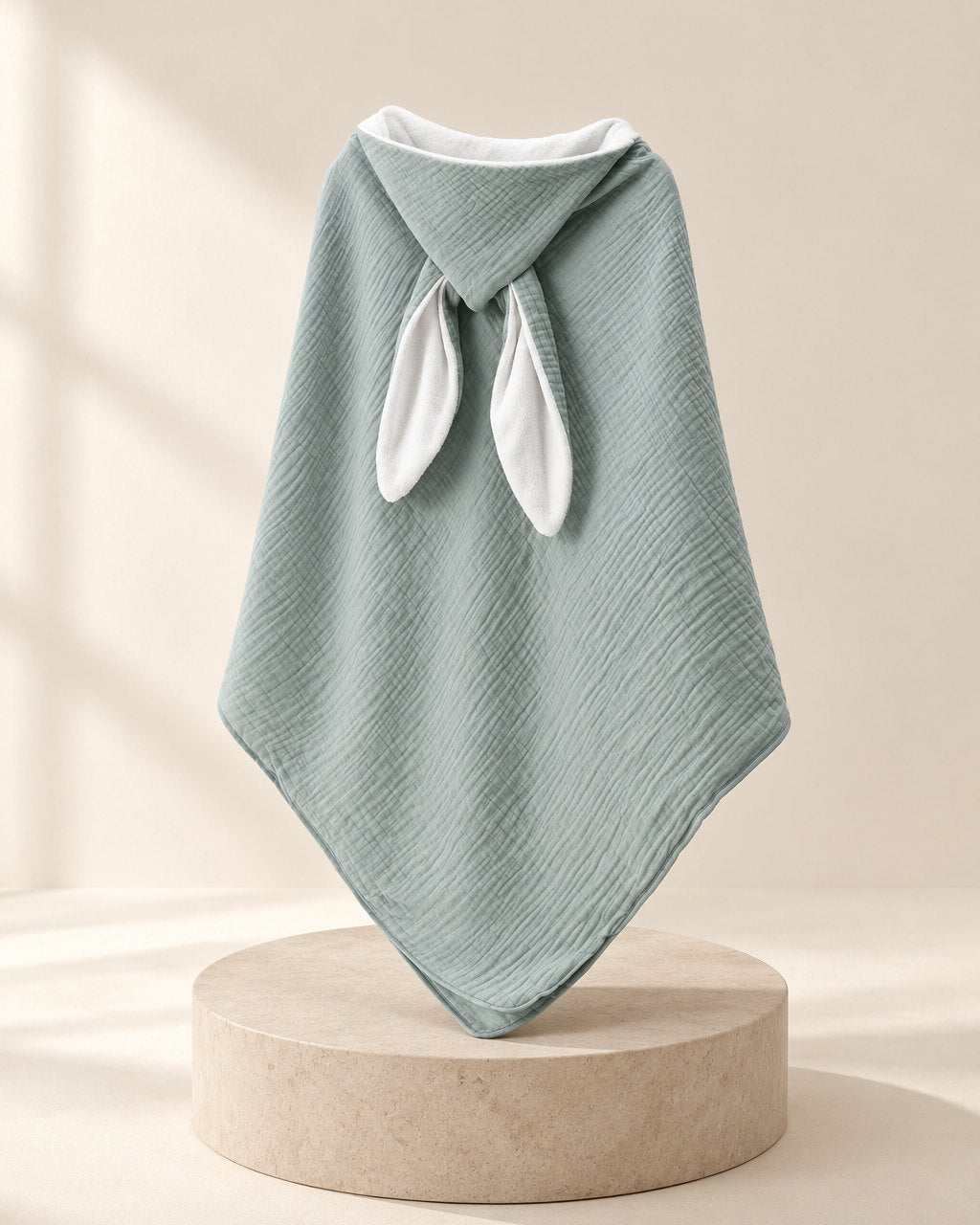 Sage-green muslin hooded towel with two white bunny ears, hood up
