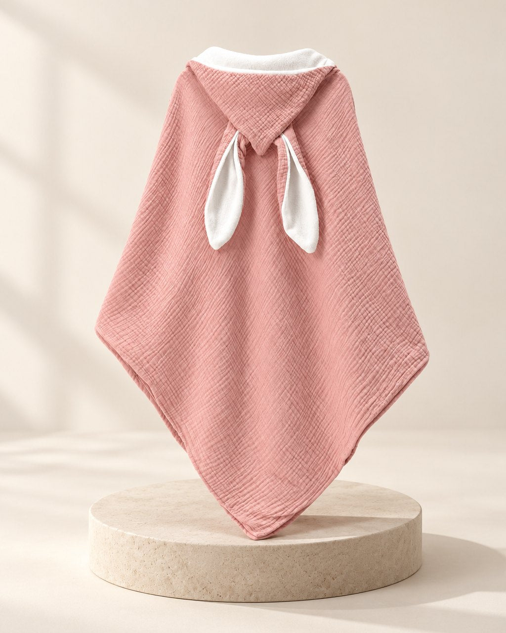 Pink muslin hooded towel with white bunny ears