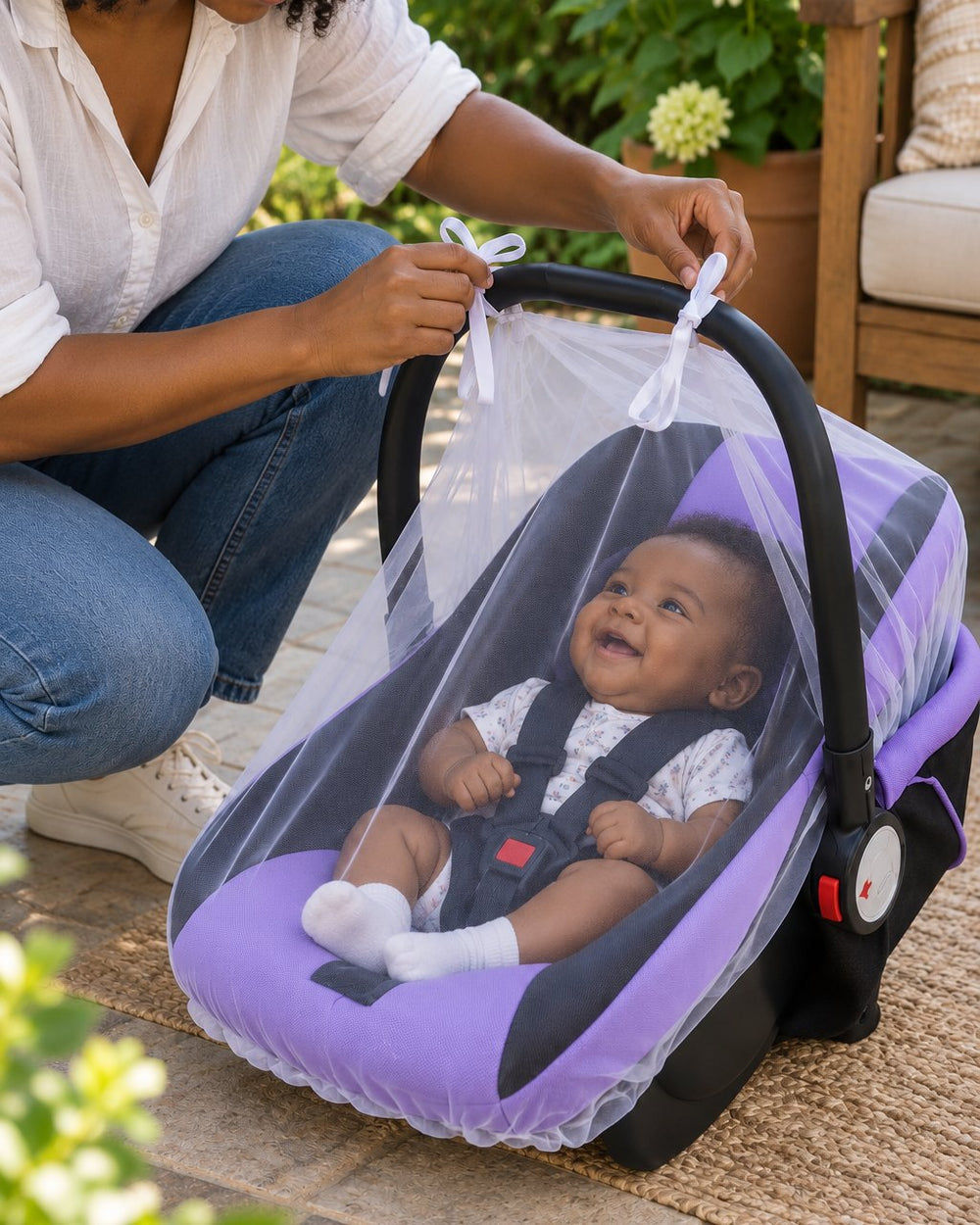 Parent pulling the white mesh net over an infant carrier on a garden patio