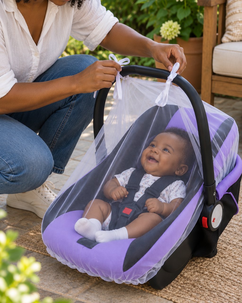 Parent pulling the white mesh net over an infant carrier on a garden patio