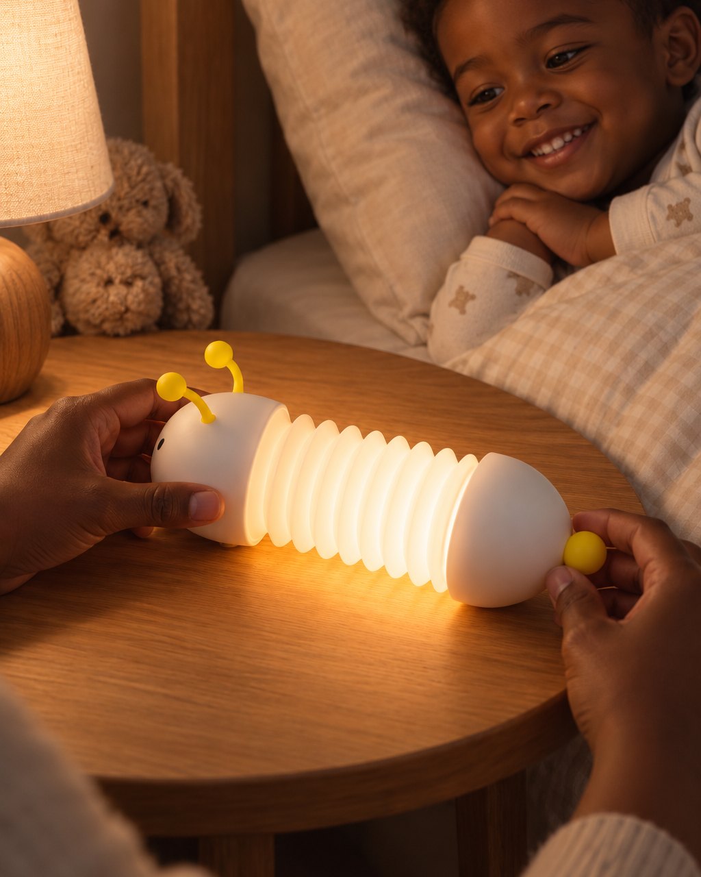 Parent stretching the glowing caterpillar light on a nightstand while a child watches from bed