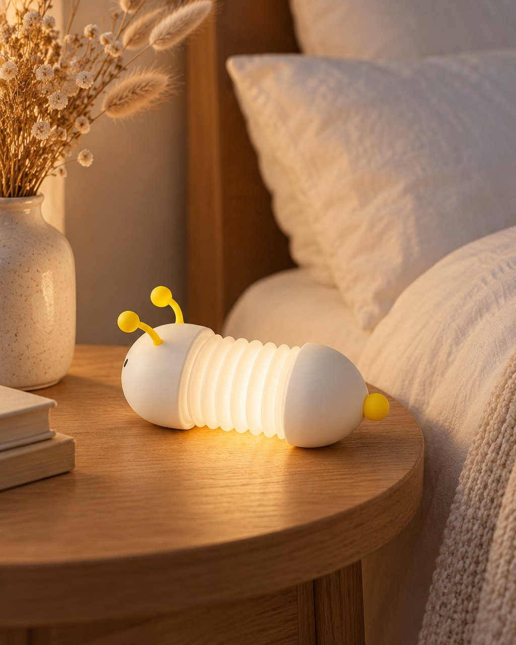 Glowing caterpillar night light on a wooden nightstand beside a bed in the evening