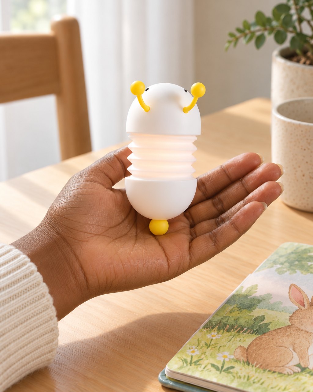 Adult hand holding the squashed-down caterpillar light beside a picture book