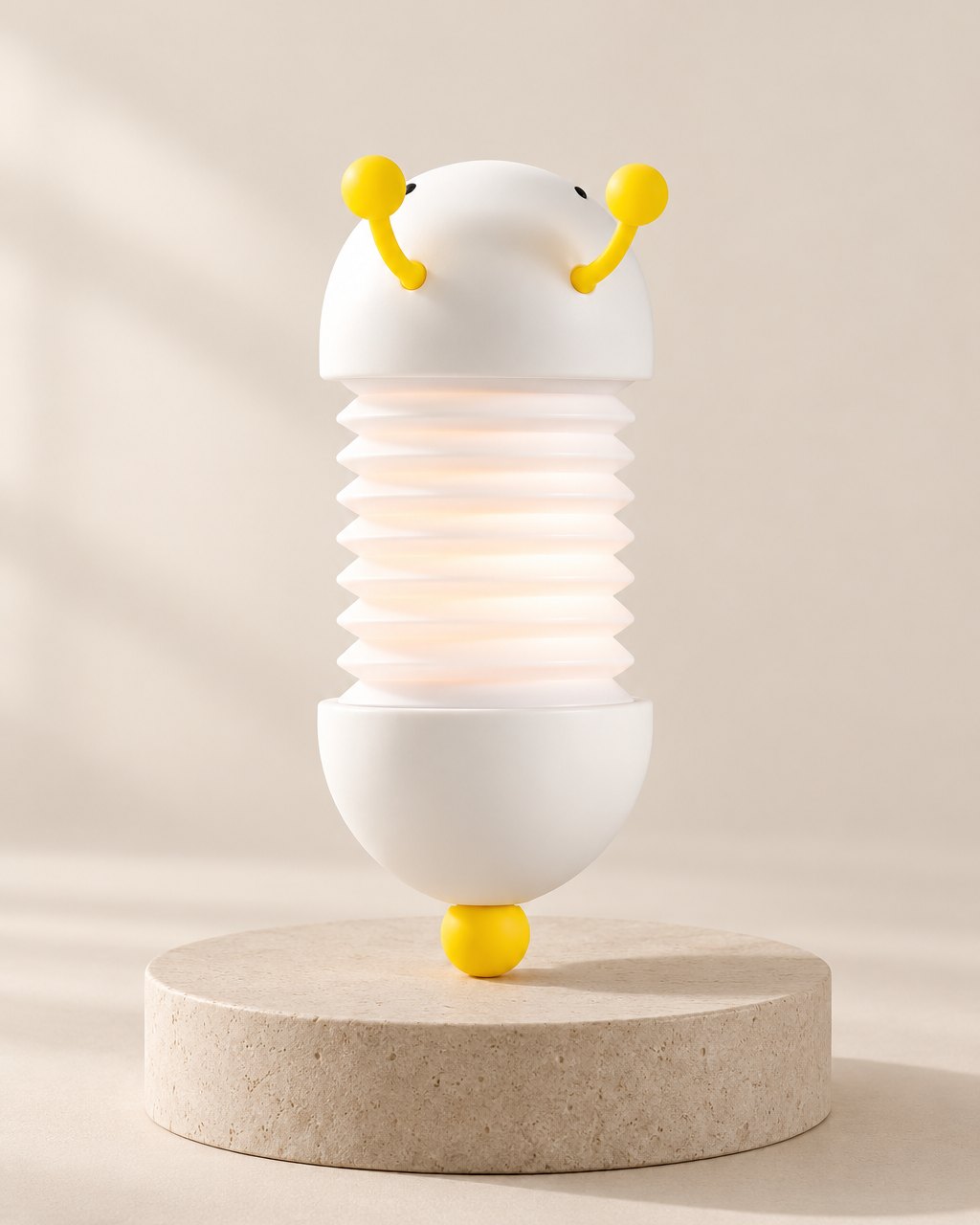 White caterpillar night light with a stretched concertina body, yellow antennae and yellow tail ball