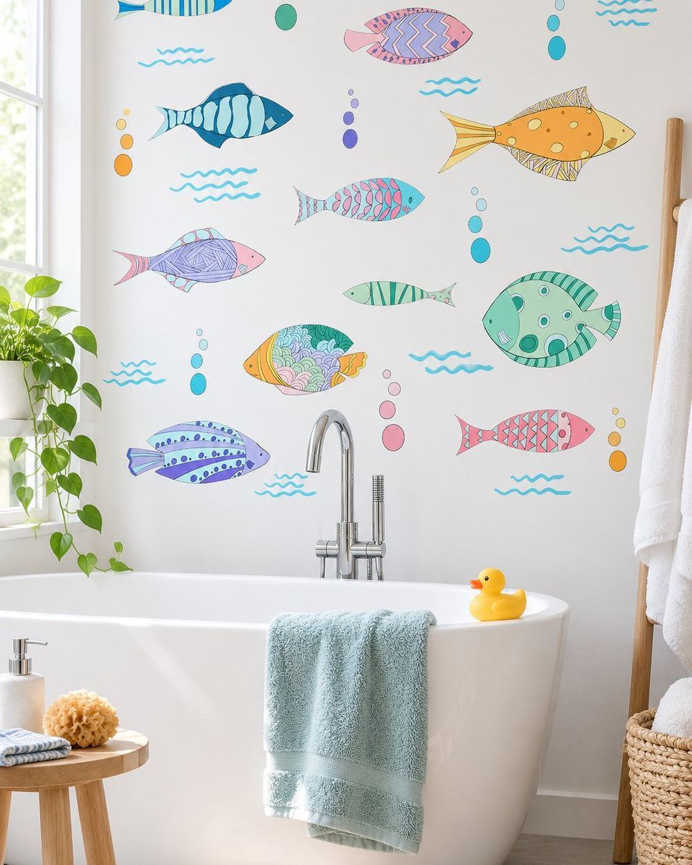 Pastel fish decals scattered on a white wall above a bathtub